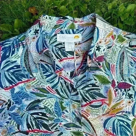 NWT C&C California 100% Linen Botanical Button Up Shirt Dress Short Sleeve Small - Picture 2 of 8